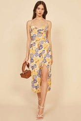 Vacation Irregular Neck Tied Up Cami A-line Floral Print High Slit Midi Dresses